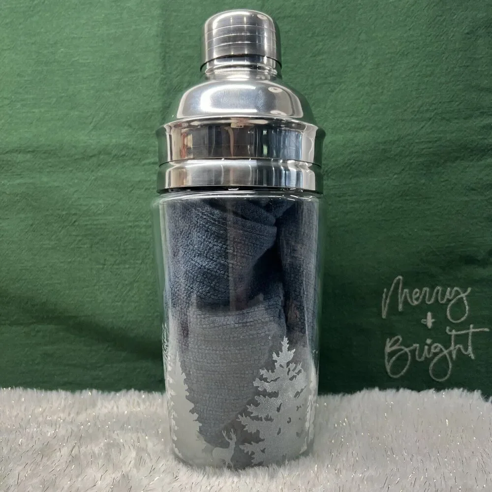 Cocktail Shaker Etched Evergreen Trees‎ Forest Deer Martini Glass Metal